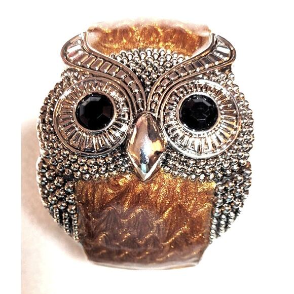 Wide Owl Statement Hinged Cuff Bracelet Brown Enamel Silvertone Metal Cabincore - Picture 2 of 8